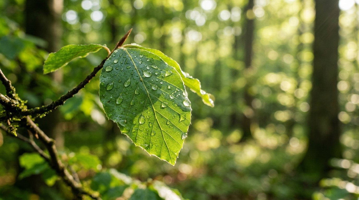 Folha verde com gotas de orvalho sob a luz do sol na floresta.