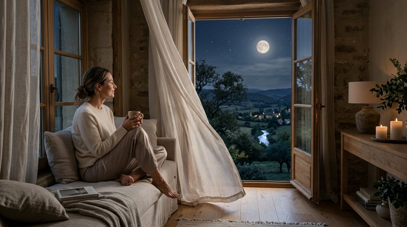 Janela aberta com vista para uma noite iluminada pela lua e cortinas ao vento.