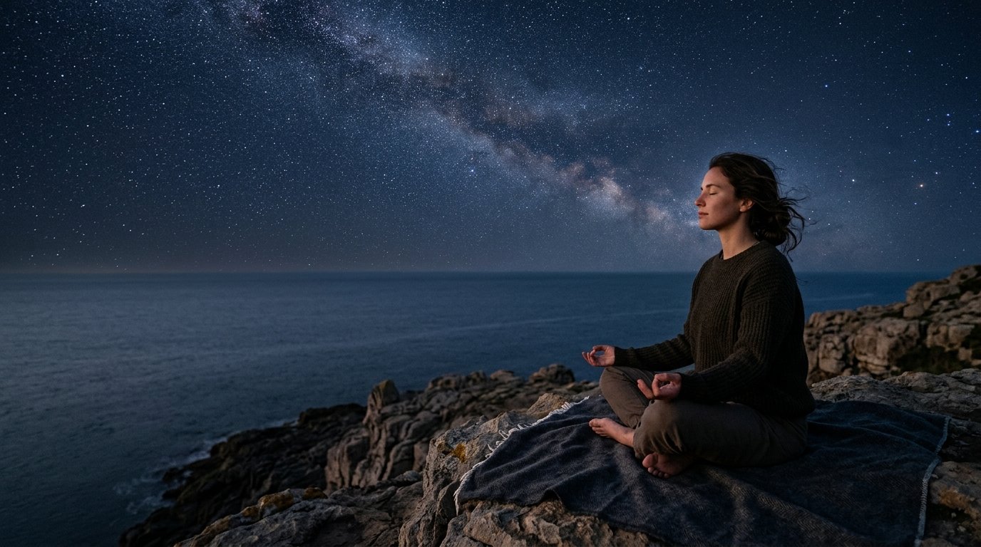 Oceano calmo e vasto sob c&eacute;u estrelado &agrave; noite em tons de azul profundo.