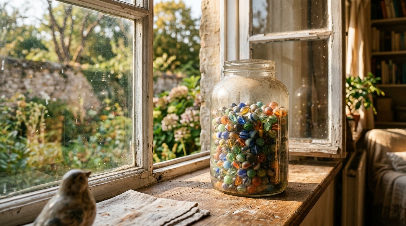 Pote de vidro com bolas de gude coloridas na janela ensolarada