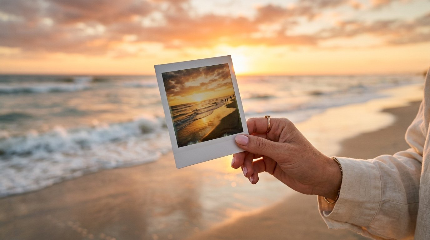 Mão segurando foto polaroid de praia contra o mar desfocado