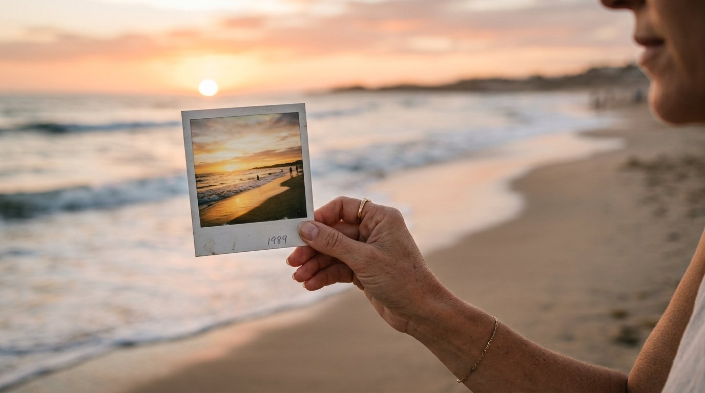 Mão segurando foto polaroid de praia contra o mar desfocado