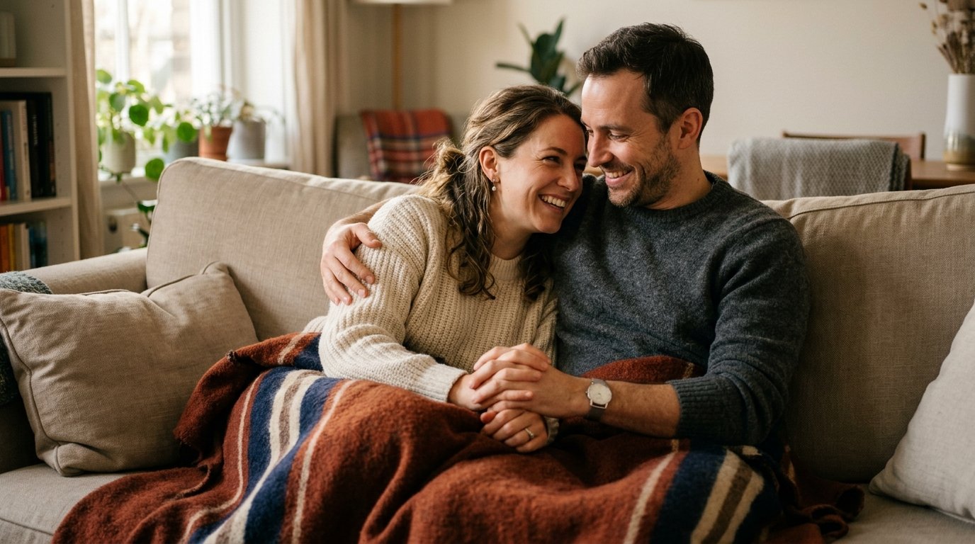 Casal abraçado sob um cobertor compartilhando um momento de paz no sofá.