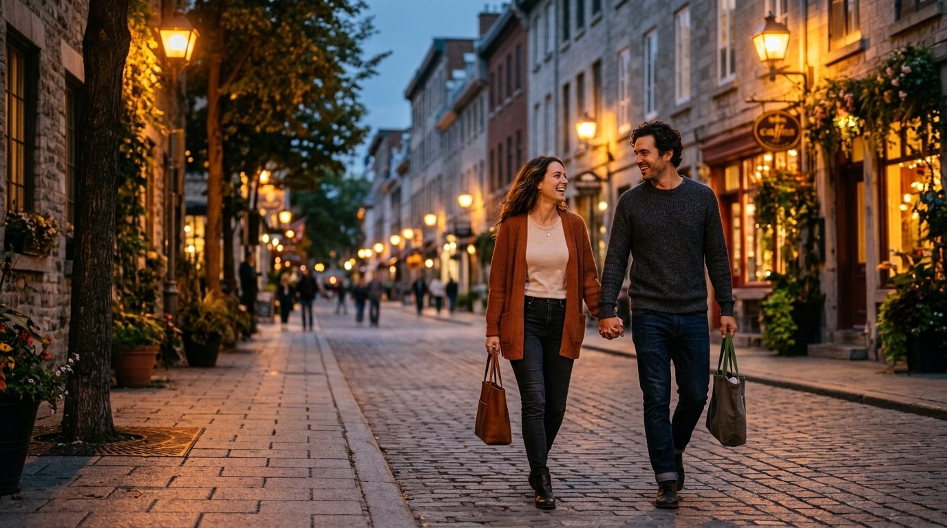 Casal caminhando lado a lado em uma rua tranquila ao anoitecer.