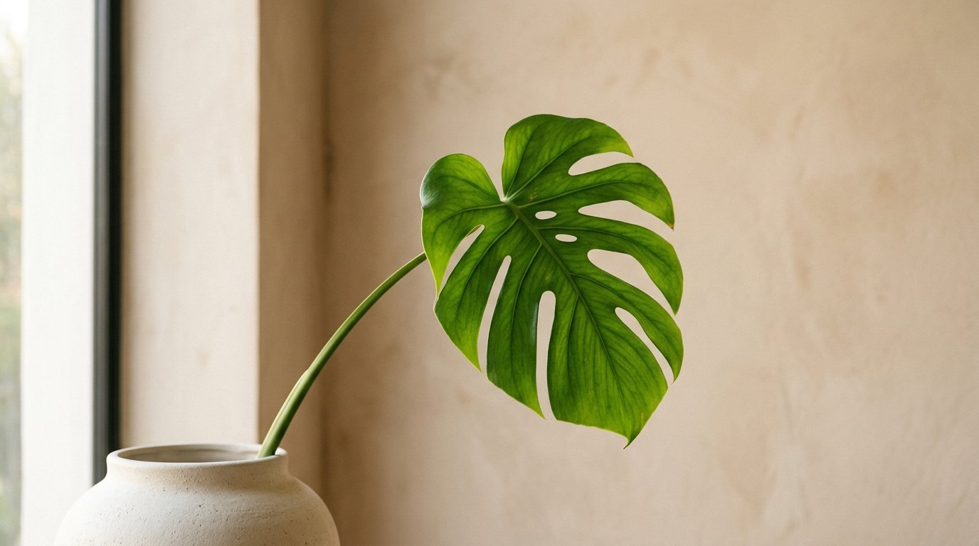 Folha verde &uacute;nica contra um fundo bege minimalista com luz natural.