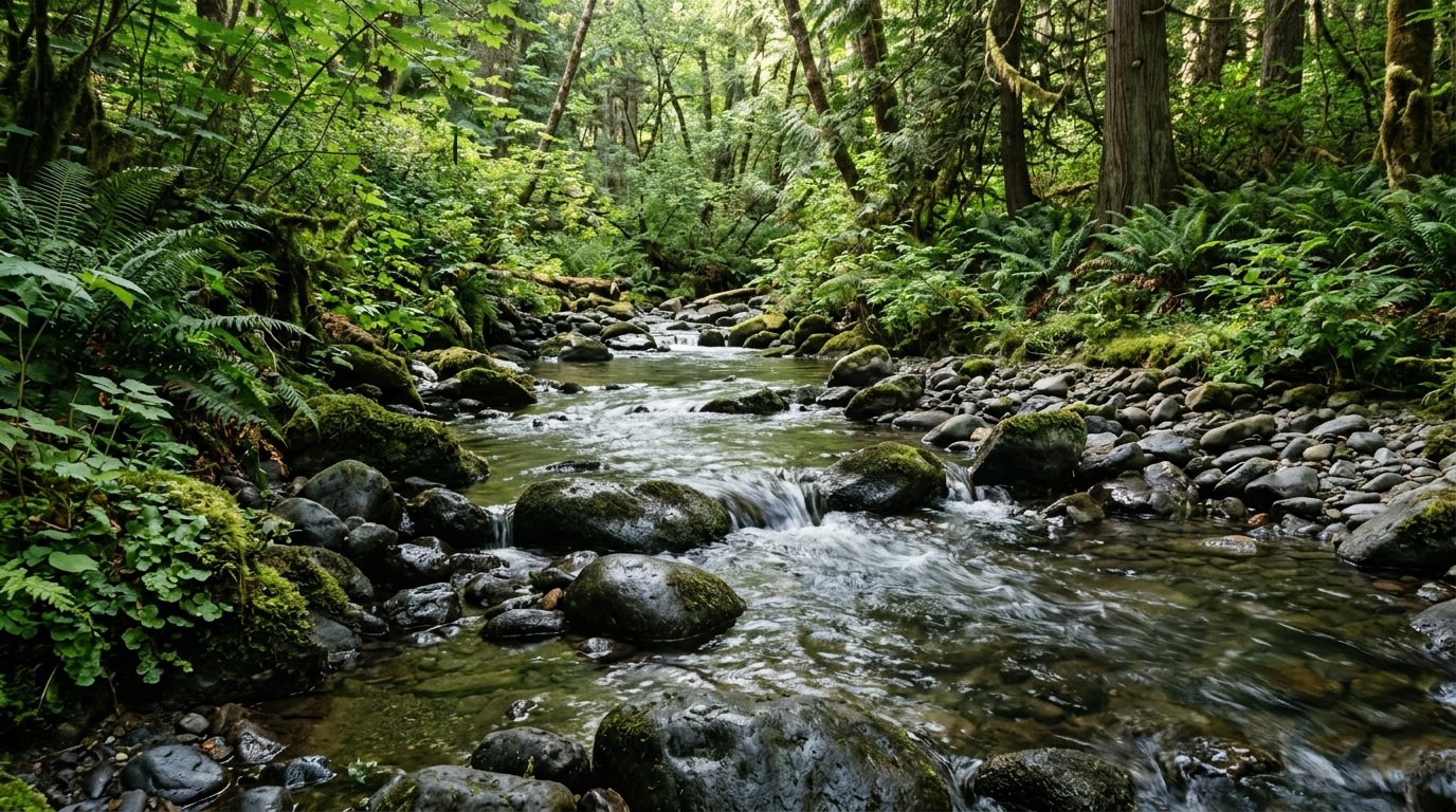 Córrego de água suave fluindo sobre pedras escuras e arredondadas em floresta silenciosa.