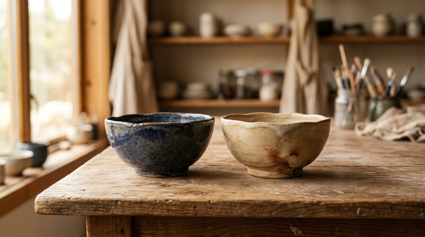 Dois vasos de cerâmica com pequenas imperfeições que completam sua beleza.