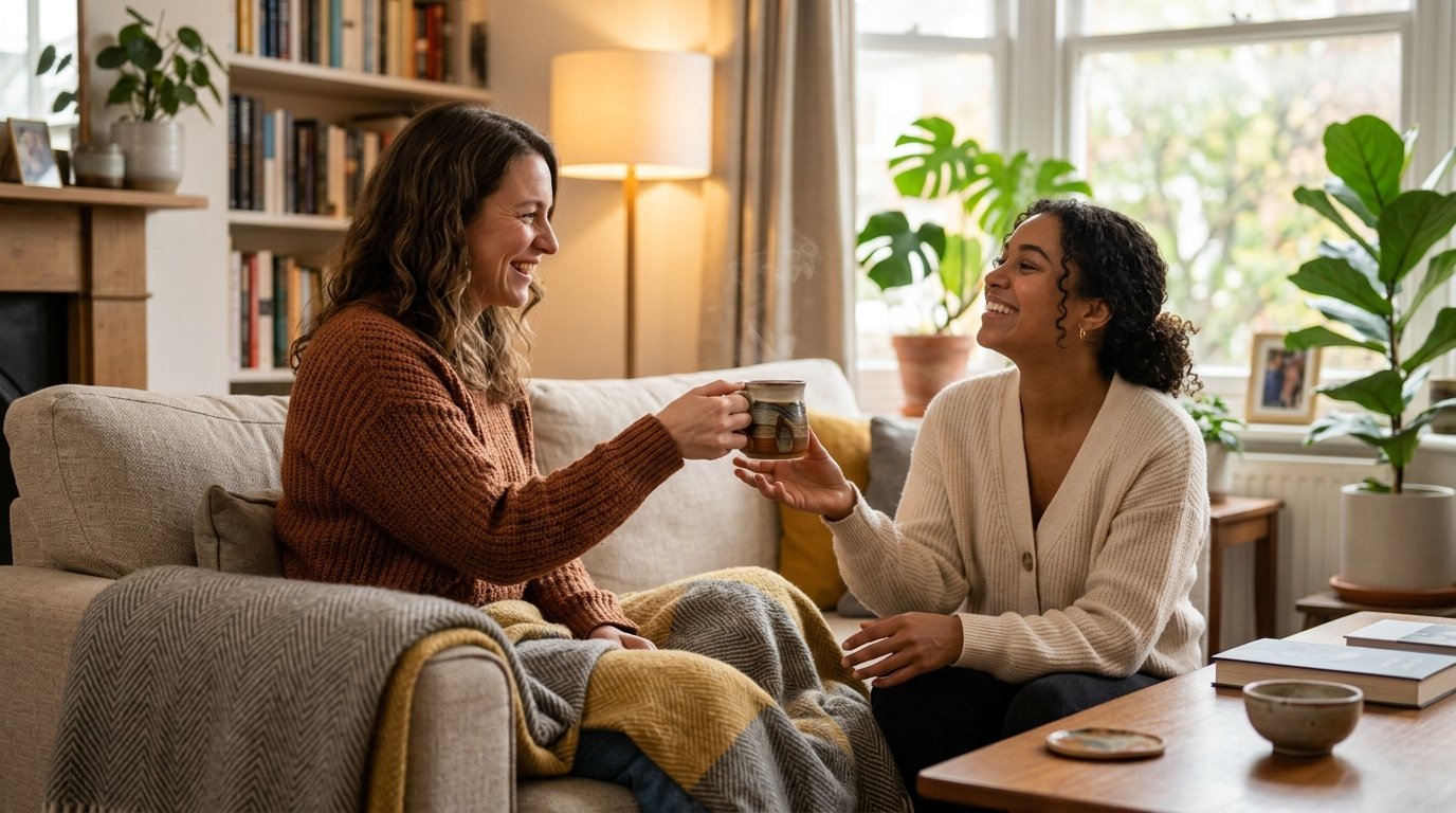 Gesto simples de carinho entre casal em uma sala aconchegante.