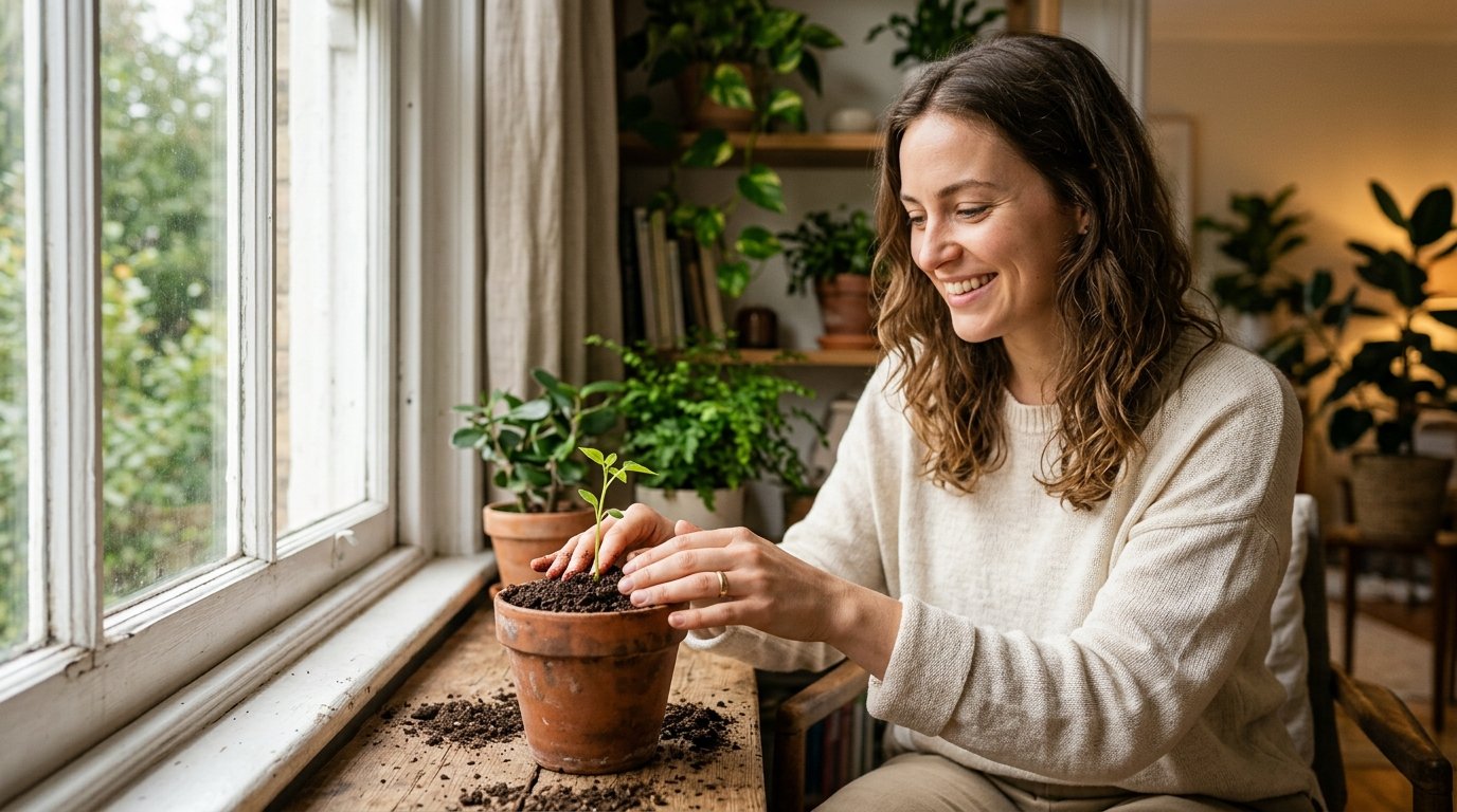Pequena planta brotando em vaso perto de janela iluminada.