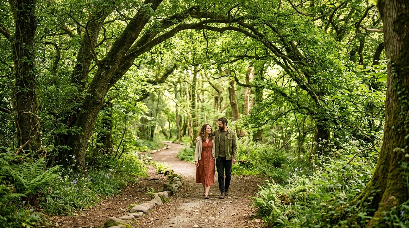 Caminho cercado e protegido por &aacute;rvores verdes com luz suave.