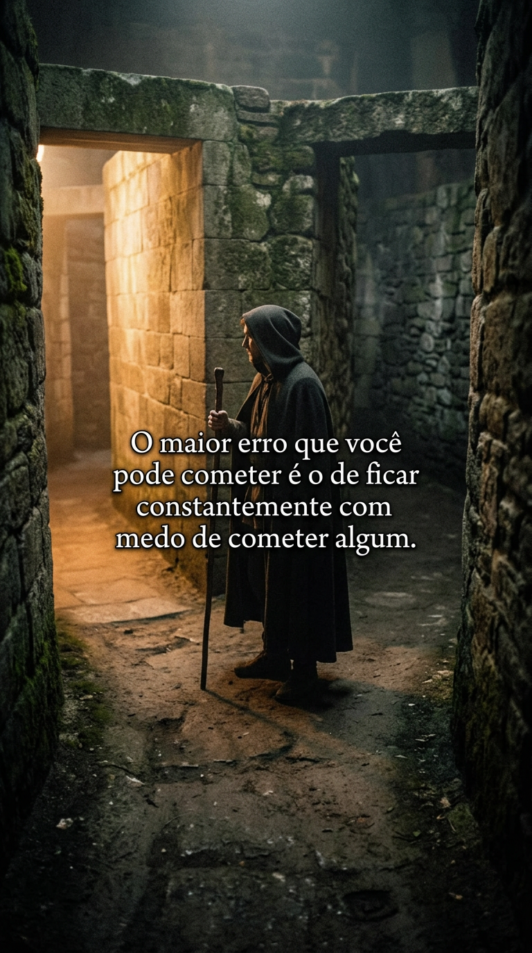 Figura solitária em uma encruzilhada de um labirinto antigo, hesitando entre caminhos claros e escuros, representando o medo de tomar decisões.