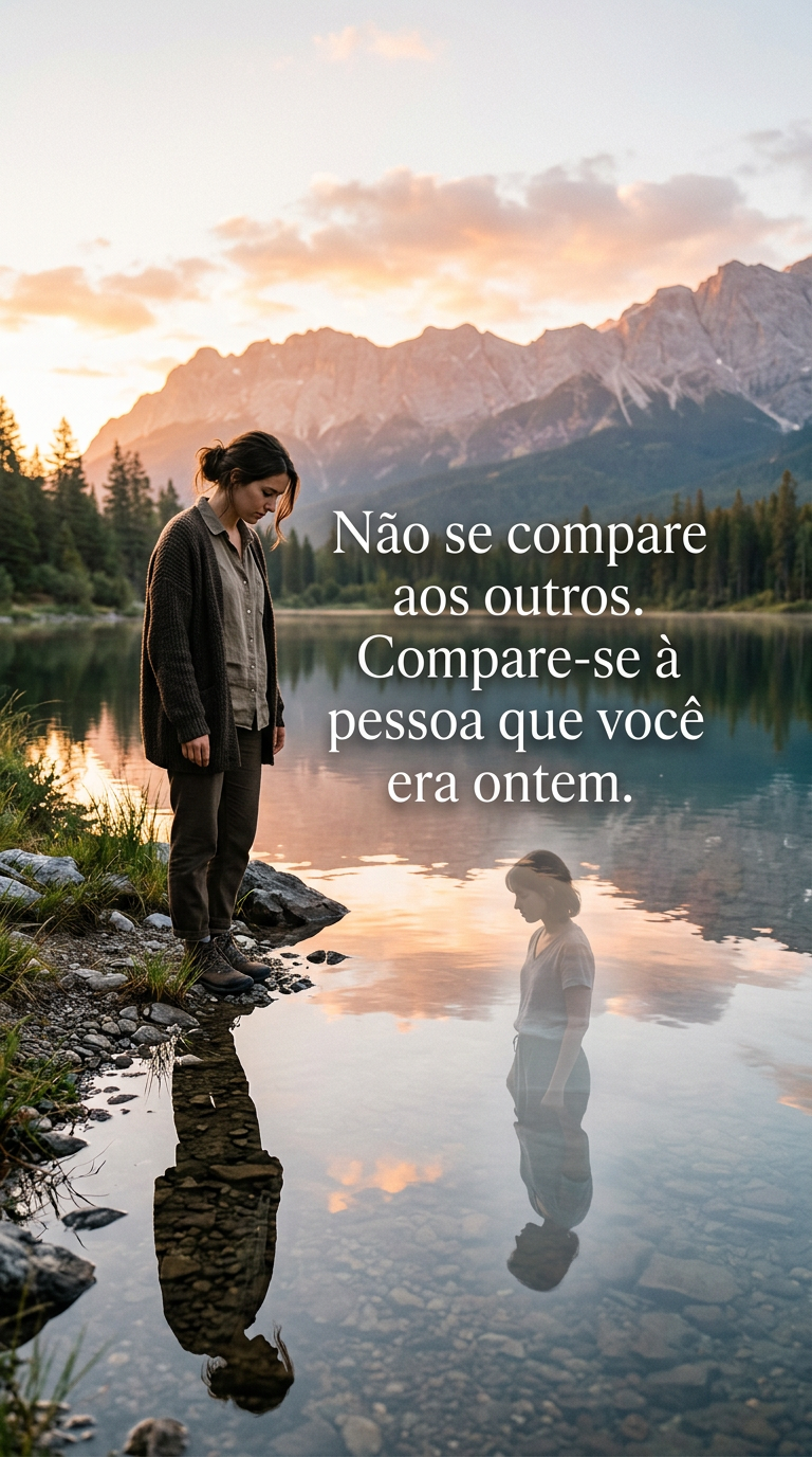 Pessoa observando seu reflexo em um lago ao amanhecer, com uma silhueta etérea de seu eu passado ao lado, simbolizando autocomparação e crescimento pessoal.