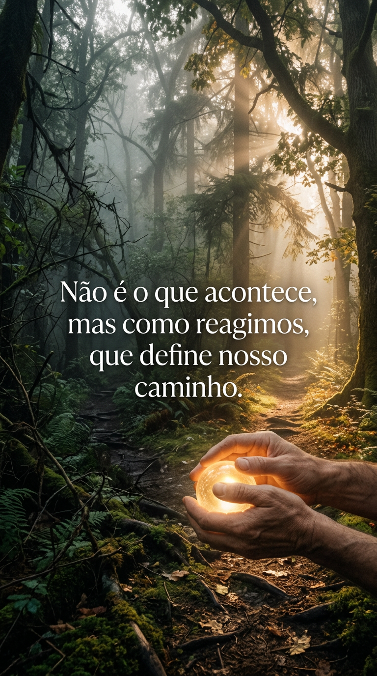Duas trilhas divergentes em uma floresta nebulosa, com mãos guiando uma esfera luminosa em direção à trilha iluminada, representando a escolha da reação.