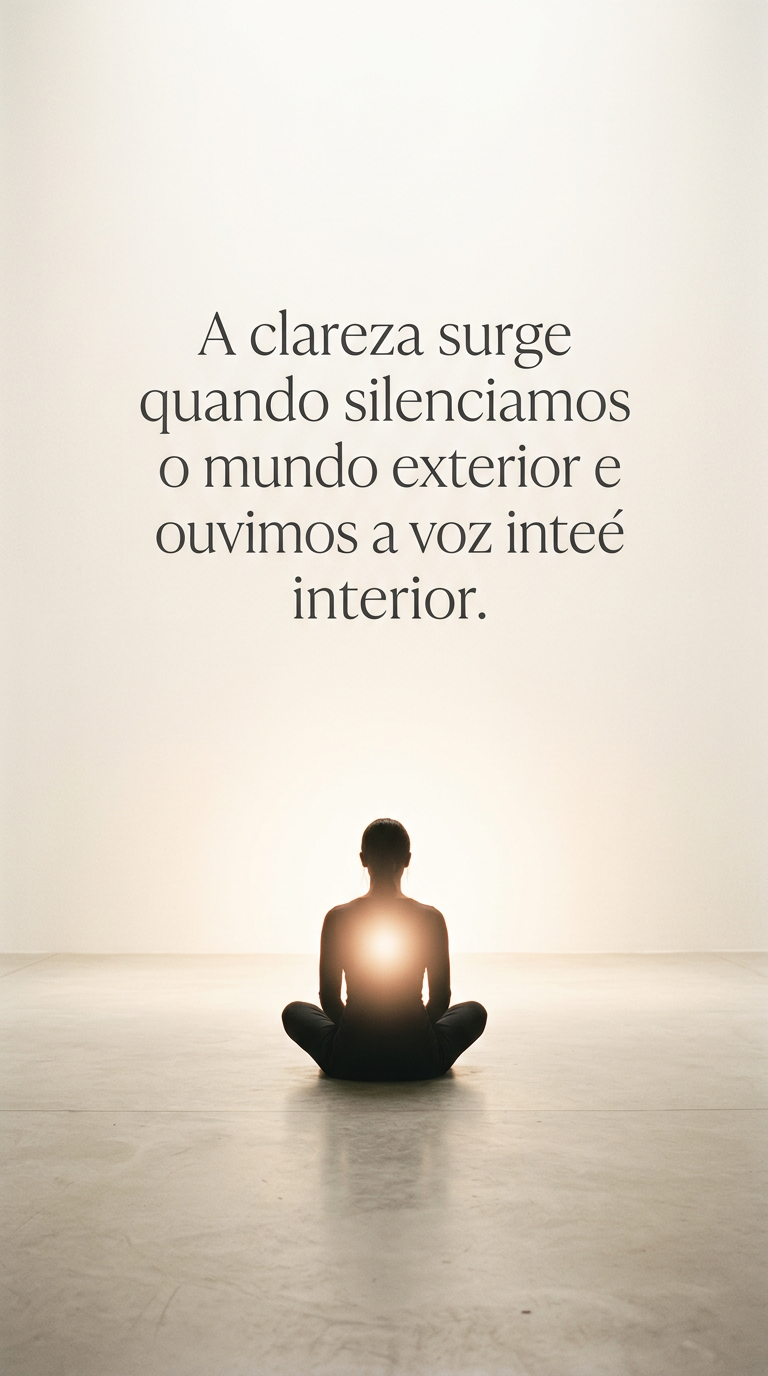 Silhueta de uma pessoa meditando em um quarto iluminado, com uma luz suave emanando de seu peito, simbolizando a clareza interior e o silêncio.
