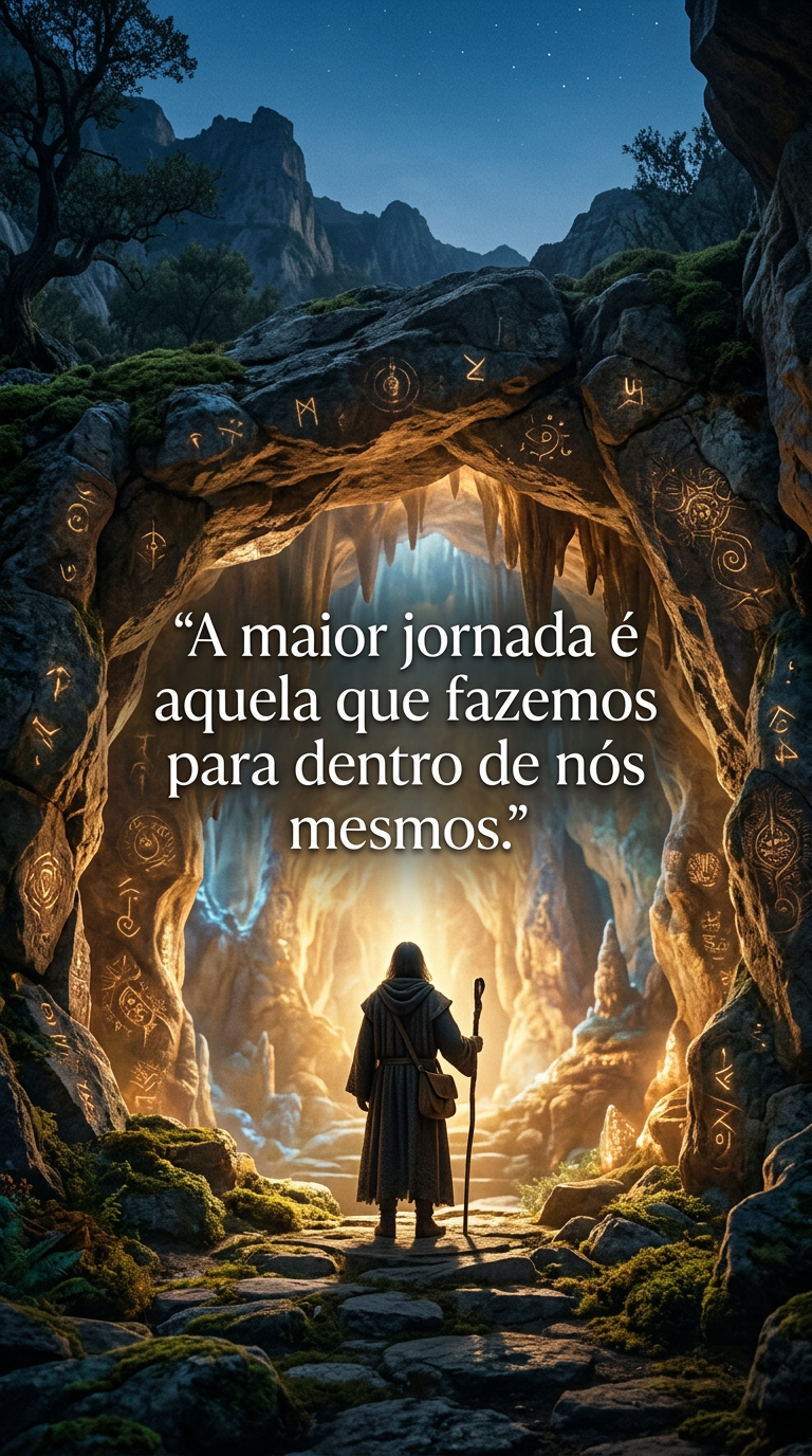 Uma pessoa em pé na entrada de uma caverna iluminada, olhando para dentro, simbolizando a jornada interior de autoconhecimento.
