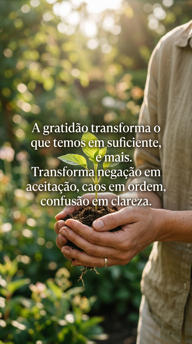 Mãos segurando broto verde, gratidão pela vida, crescimento, abundância, aceitação, clareza, bem-estar.