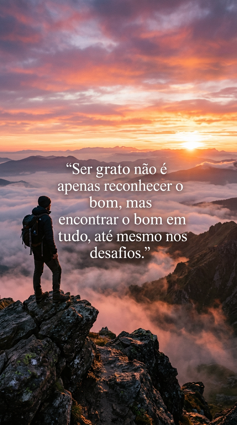 Pessoa em montanha ao nascer do sol, gratidão nos desafios, resiliência, esperança, superação, bem-estar.