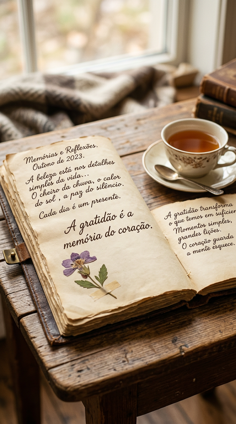 Diário antigo com flor prensada, gratidão, memória do coração, nostalgia positiva, reflexão, apreço.