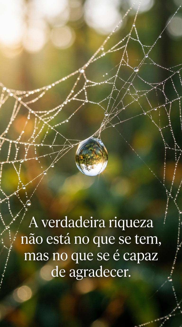 Gota de orvalho em teia de aranha, gratidão, riqueza interior, valorizar o simples, beleza natural, apreço.