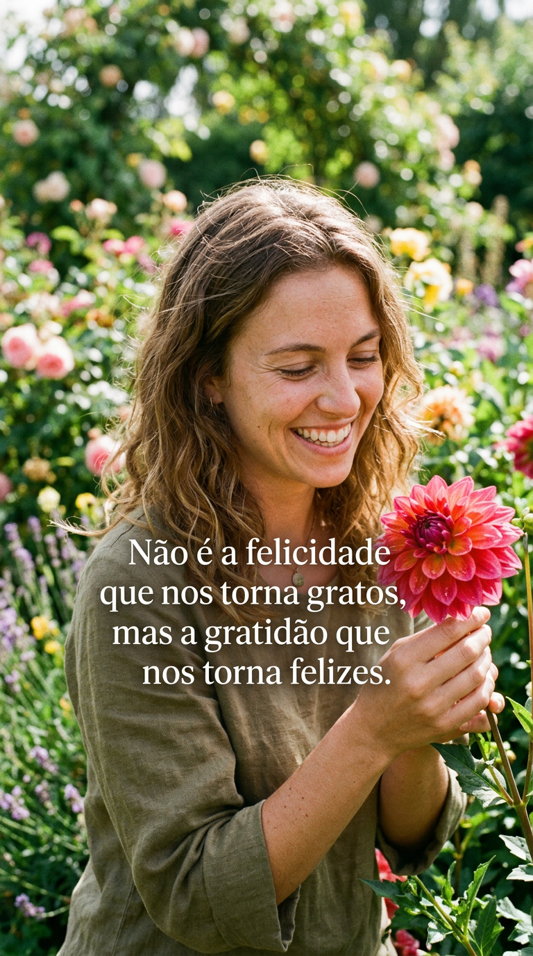 Pessoa sorrindo para flor, gratidão, felicidade, alegria, conexão com a natureza, bem-estar emocional.