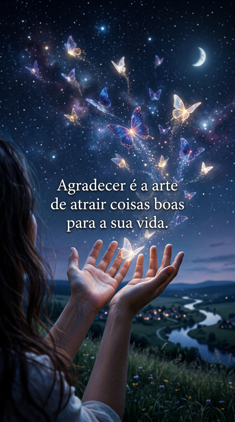 Mãos soltando borboletas luminosas, gratidão, atrair coisas boas, manifestação, energia positiva, liberdade.