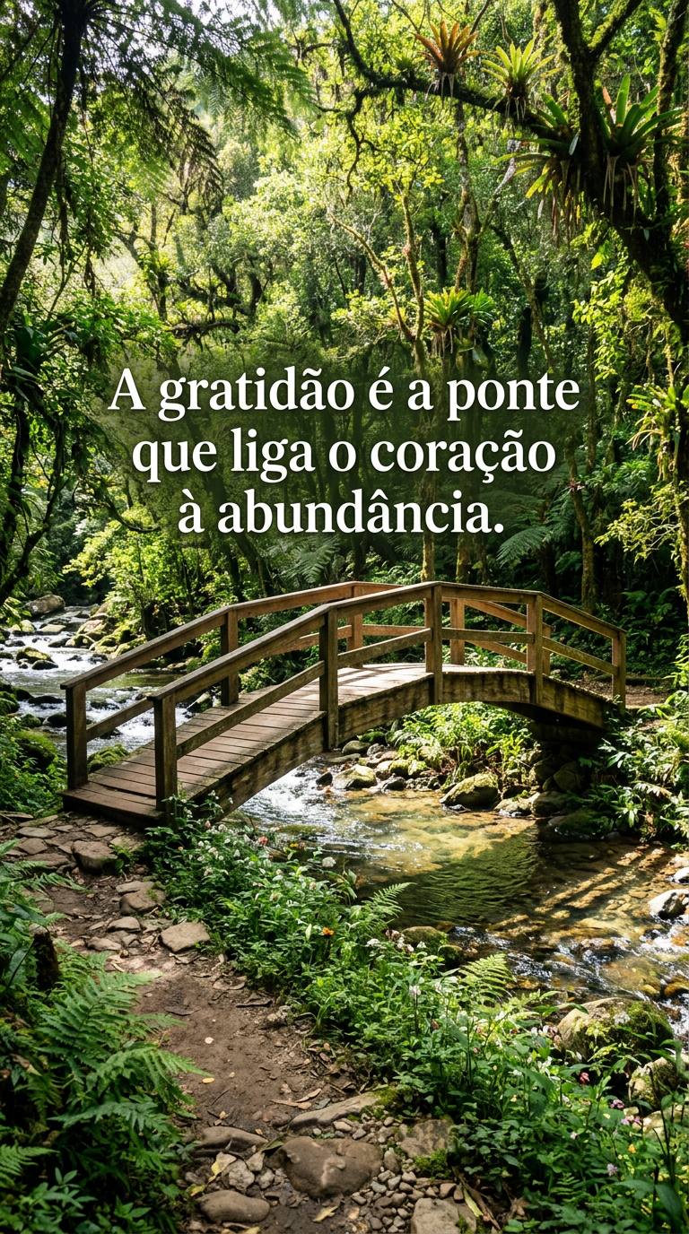 Ponte de madeira sobre riacho em floresta, gratidão, abundância, conexão, prosperidade, natureza, paz.