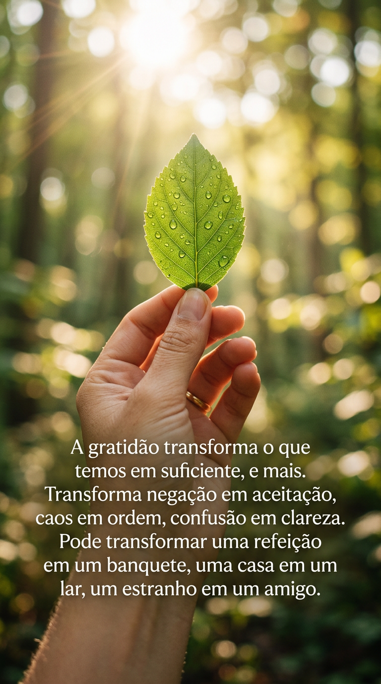 Gratidão transforma o que temos em suficiente, aceitação, clareza, banquete, lar, amigo. Imagem de mão segurando folha verde com gotas de orvalho, luz solar, macro, natureza, apreciação.