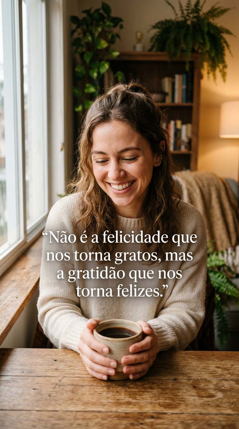 Gratidão nos torna felizes, felicidade, sorriso genuíno, alegria. Imagem de pessoa sorrindo com xícara de café, ambiente acolhedor, luz natural, bem-estar.