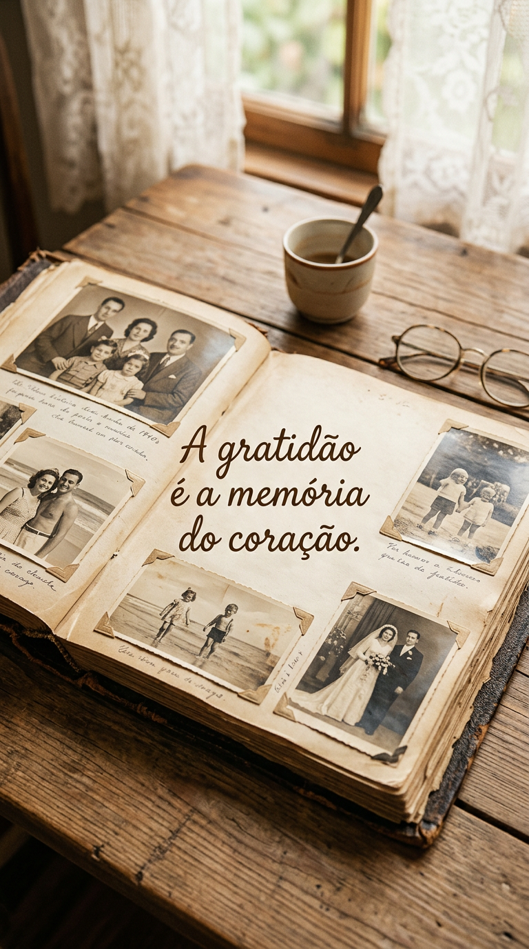 Gratidão memória do coração, lembranças, apreço, nostalgia. Imagem de álbum de fotos antigo aberto, fotos desbotadas, luz suave, vintage.