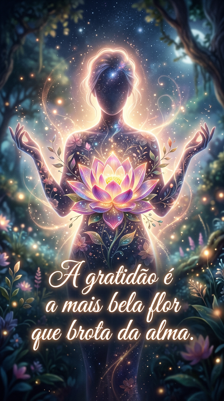 Gratidão flor da alma, beleza interior, crescimento espiritual. Imagem de flor vibrante brotando de silhueta humana etérea, luz suave, arte fantástica.