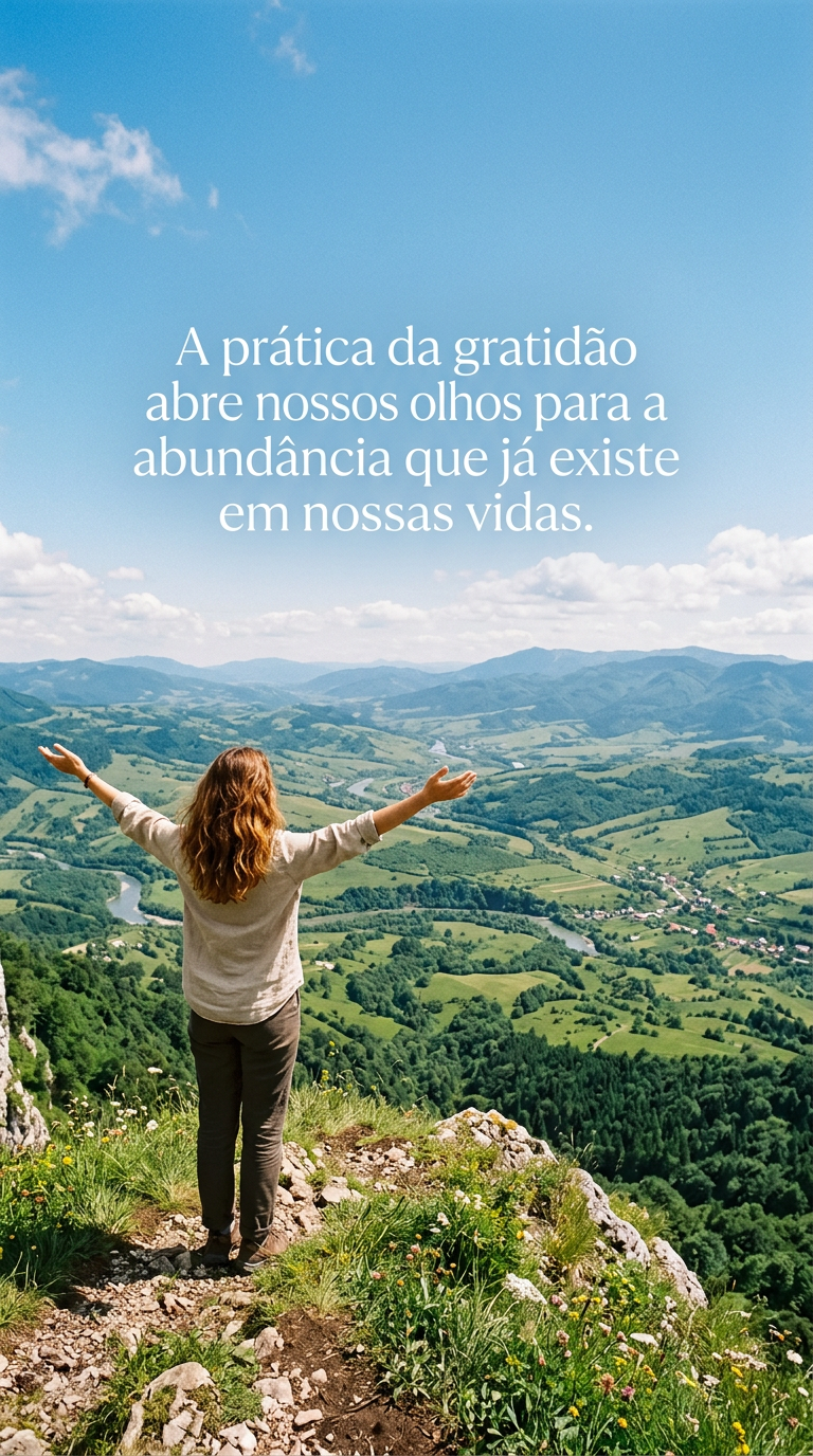 Prática da gratidão, abundância na vida, olhos abertos, perspectiva. Imagem de pessoa olhando paisagem fértil, céu azul, mãos abertas, aceitação, natureza.