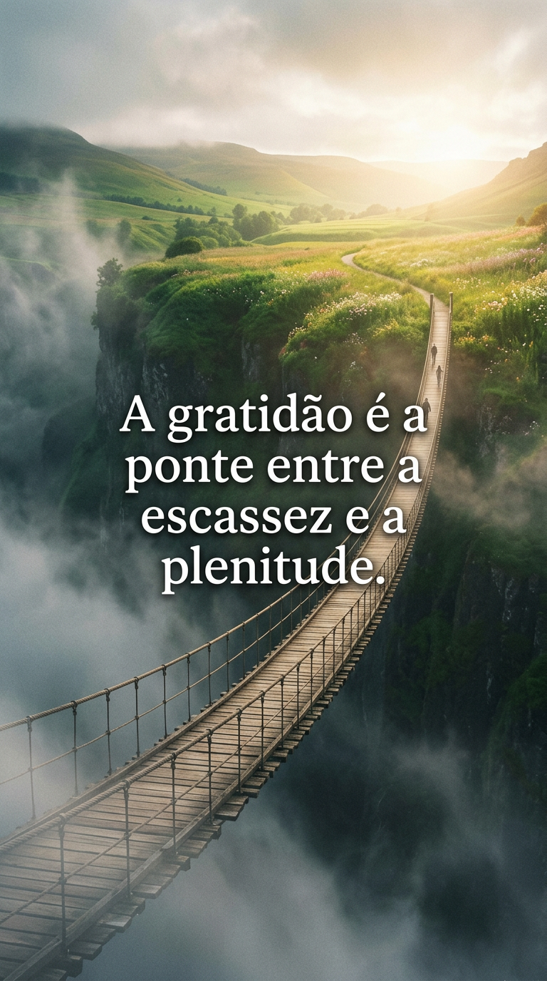 Gratidão ponte entre escassez e plenitude, transição, esperança. Imagem de ponte de madeira sobre abismo nebuloso para paisagem ensolarada, etérea, abundância.