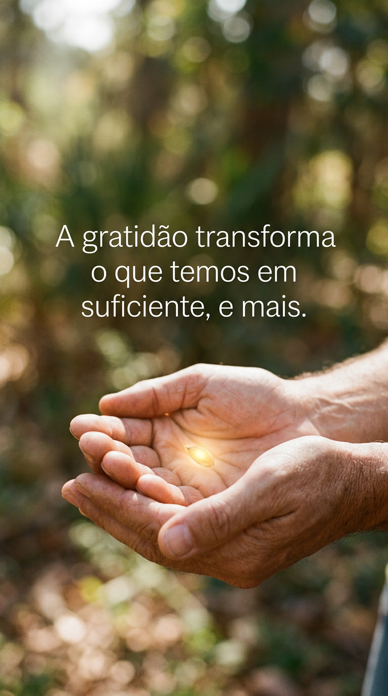 Gratidão transforma o suficiente, mãos segurando semente brilhante, abundância, crescimento, bem-estar, felicidade.