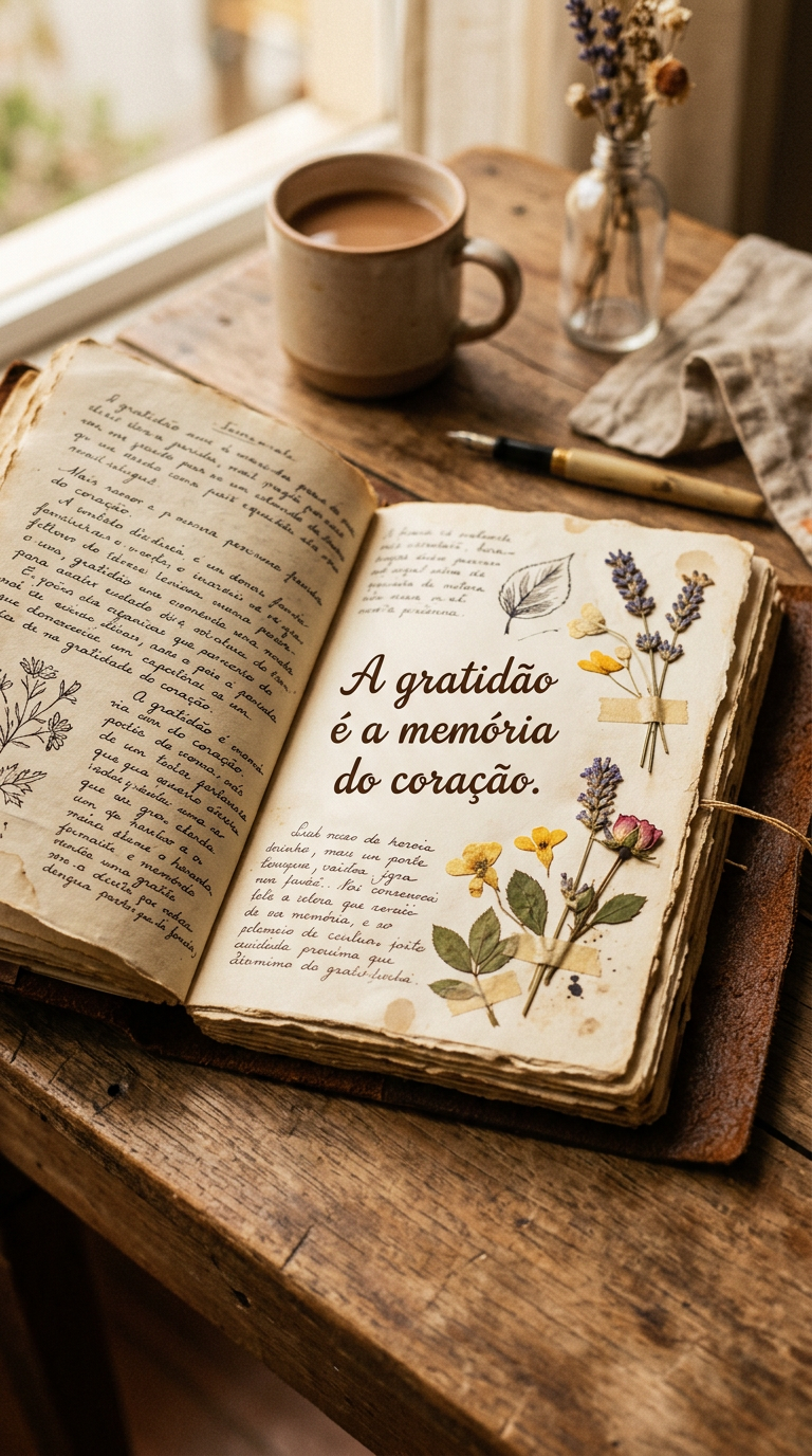 Gratidão memória do coração, diário antigo, flores secas, nostalgia, sentimentos, lembranças, apreço.
