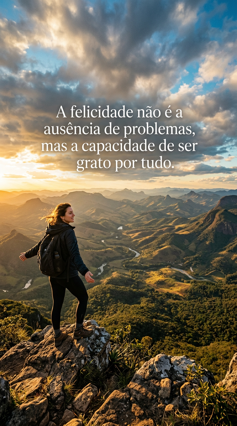 Felicidade e gratidão: pessoa em montanha apreciando paisagem mista, simbolizando a capacidade de ser grato por tudo, mesmo com problemas.