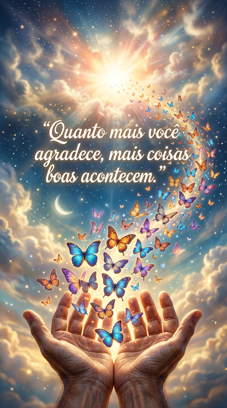 Agradecer e coisas boas: mãos abertas liberando borboletas luminosas, representando o ciclo positivo de quanto mais você agradece, mais coisas boas acontecem.