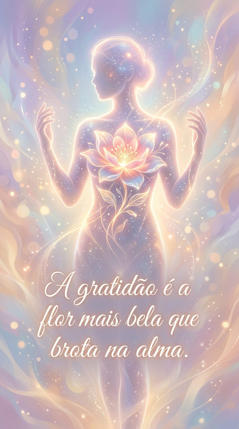 Gratidão e alma: flor luminosa brotando de silhueta humana, representando a gratidão como a mais bela flor que floresce na alma e no espírito.