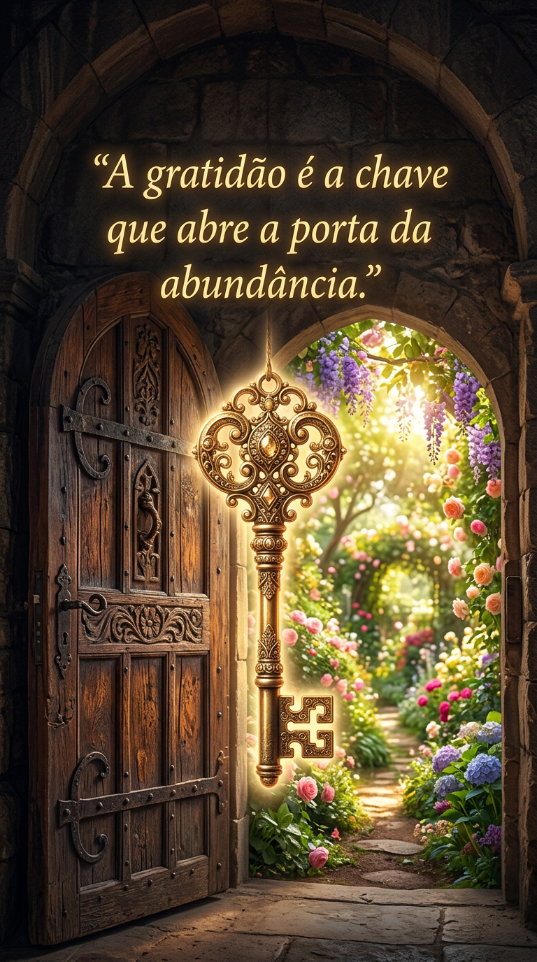 Gratidão e abundância: chave antiga e brilhante abrindo porta para jardim exuberante, representando a gratidão como a chave para a abundância na vida.