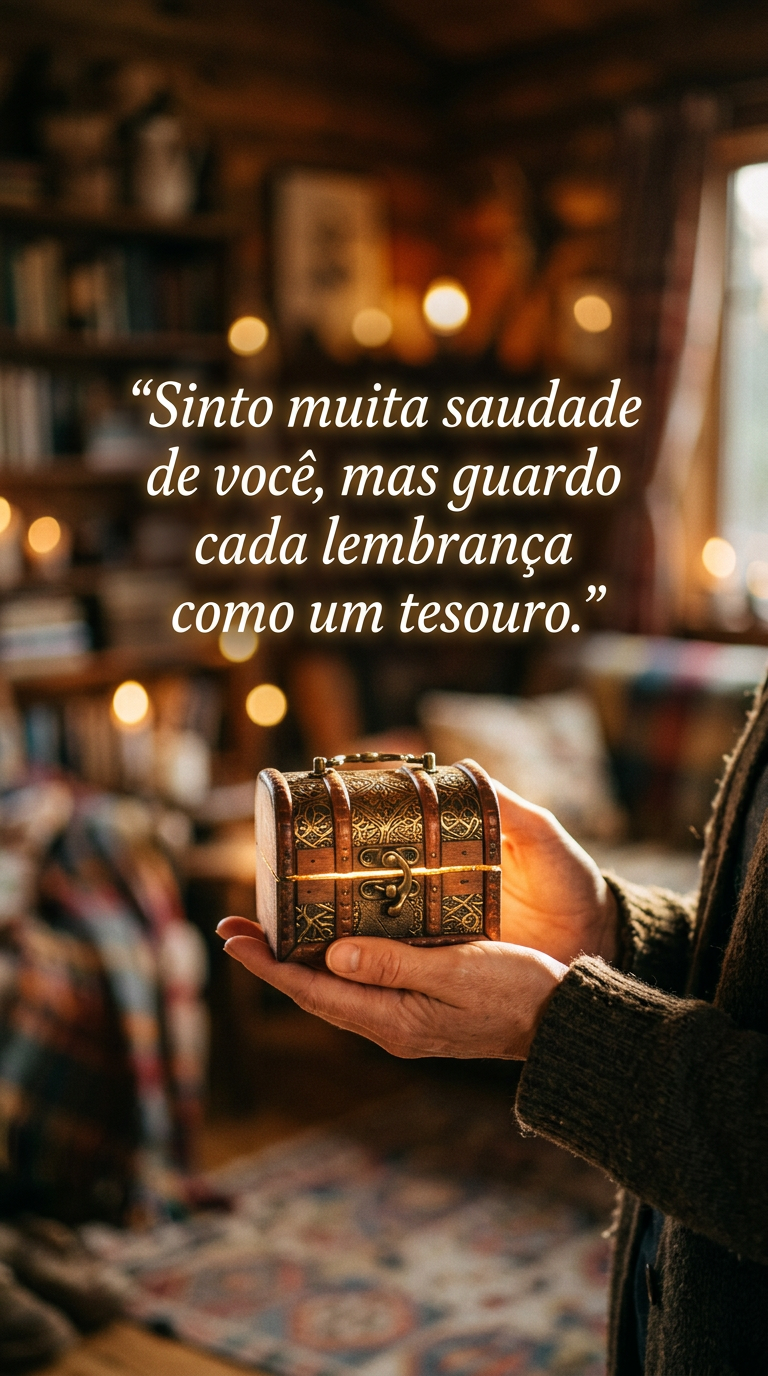 Muita saudade de você, frase de saudades sobre guardar memórias como tesouros, reflexão sobre a distância e o carinho.