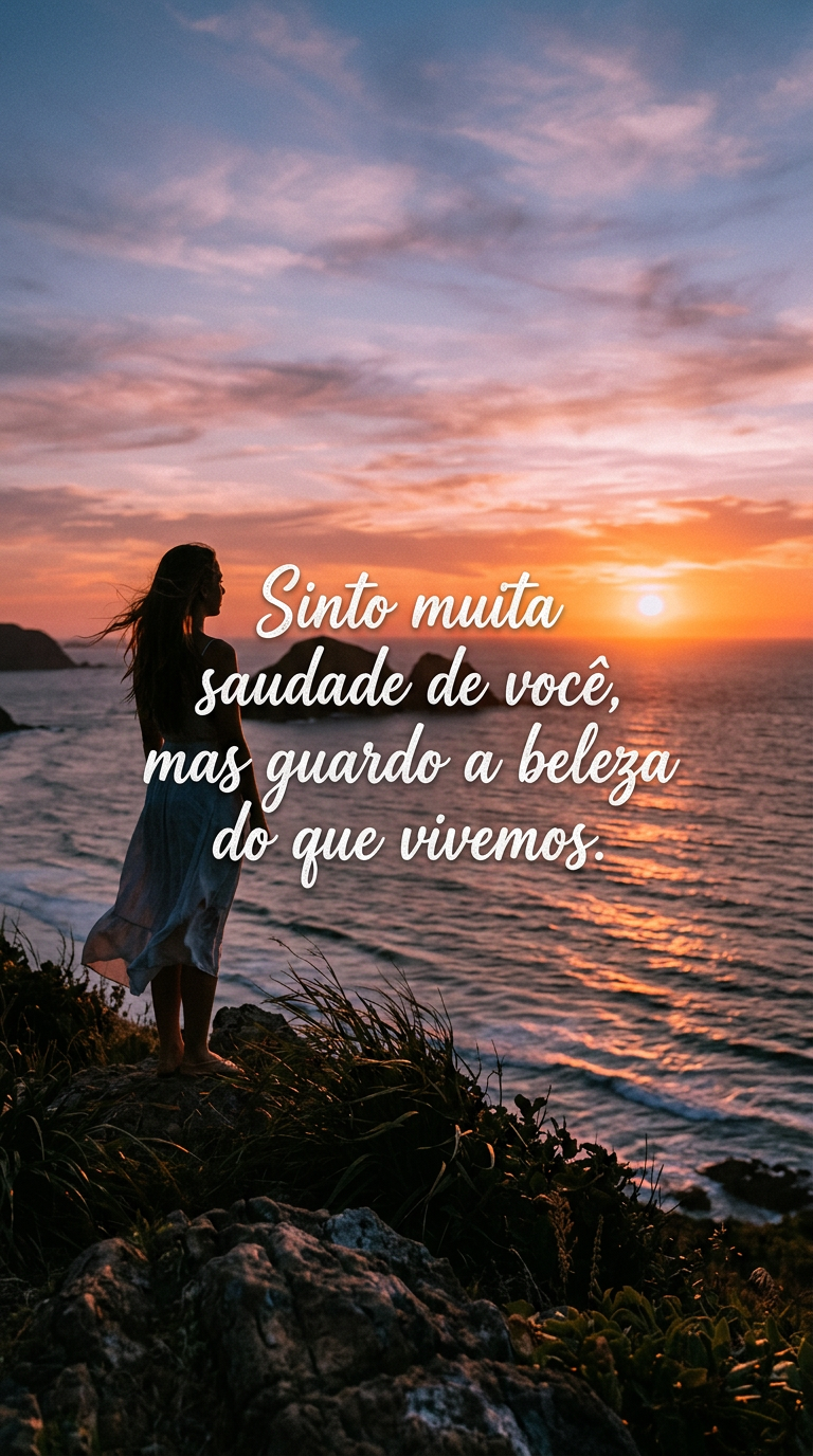 Muita saudade de você, frase de reflexão sobre memórias bonitas, imagem de pôr do sol e nostalgia, frases que saudade.