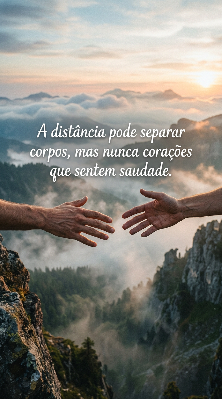 Frase de saudades sobre distância e conexão, imagem de mãos separadas, mas corações unidos pela saudade de você, muita saudade.