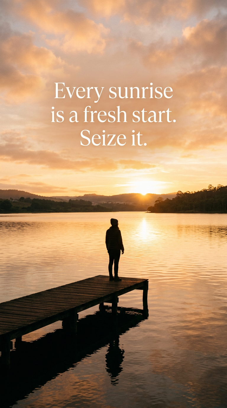A person watching a beautiful sunrise over a lake, with the quote 'Every sunrise is a fresh start. Seize it.'