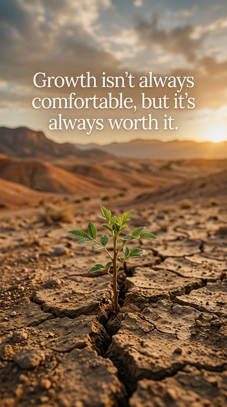 A small sapling growing through cracked earth, representing resilience, with the quote 'Growth isn't always comfortable, but it's always worth it.'