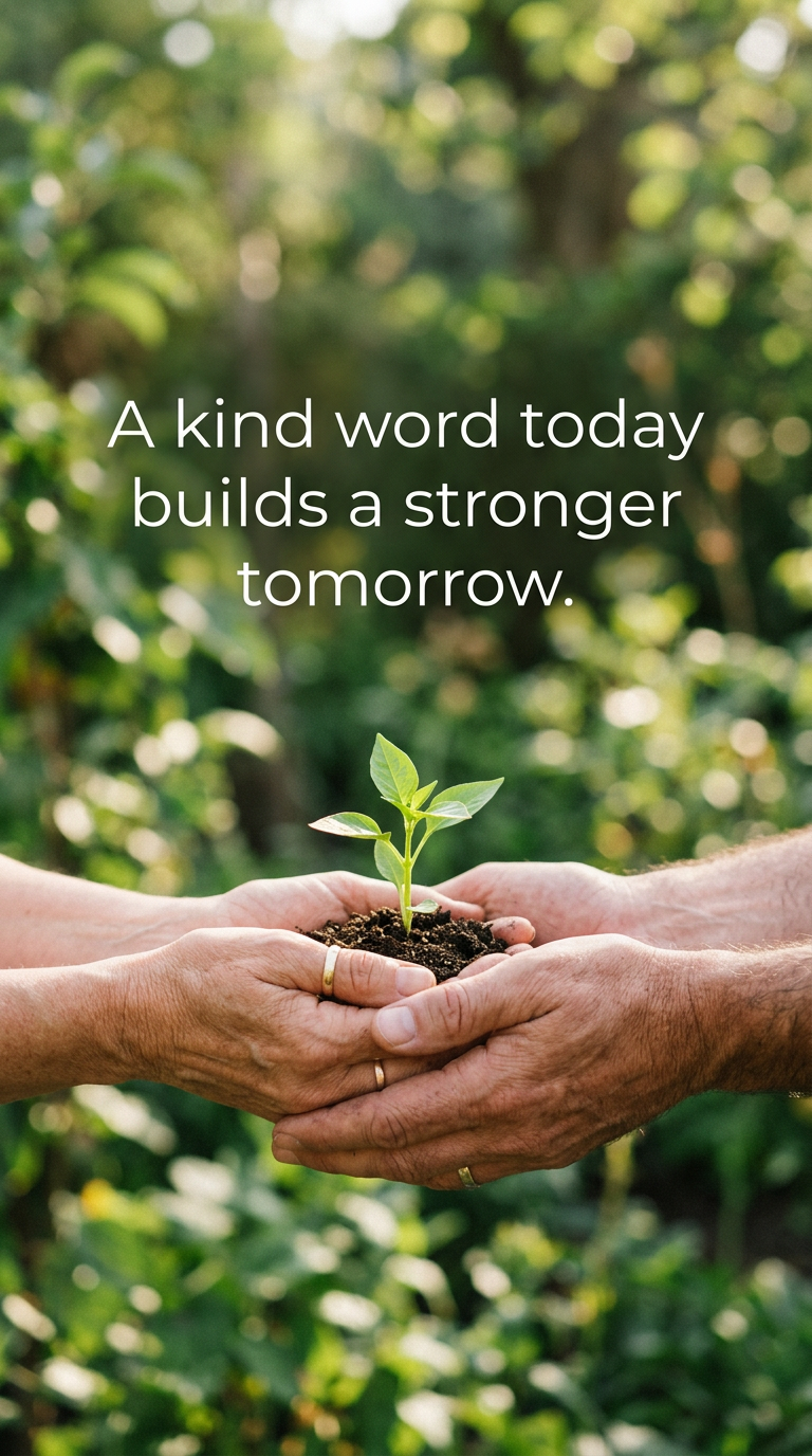 Two hands gently holding a small plant sprout, illustrating care, with the quote 'A kind word today builds a stronger tomorrow.'