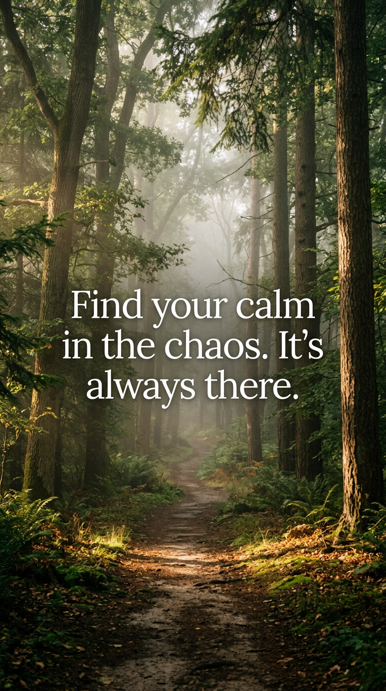 A peaceful, misty forest path with sunlight, conveying tranquility, and the quote 'Find your calm in the chaos. It's always there.'