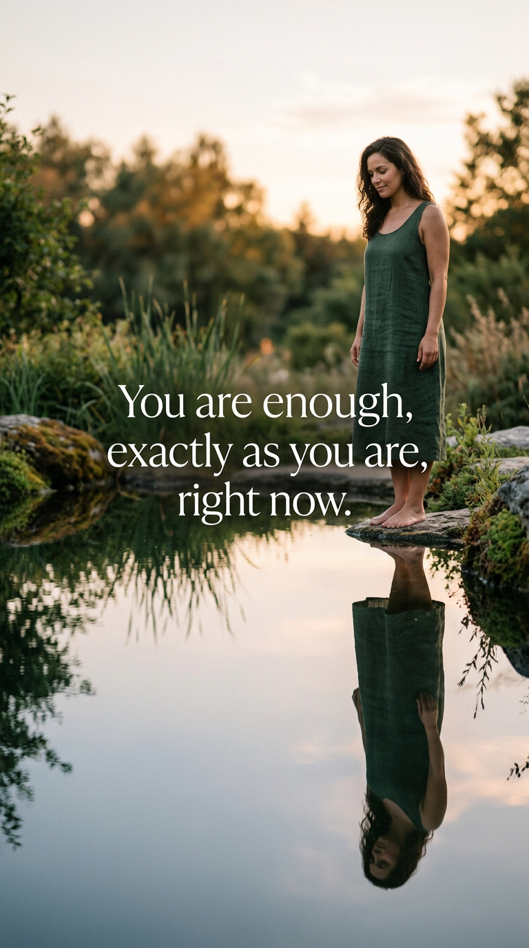 A person's serene reflection in still water, symbolizing self-acceptance, with the quote 'You are enough, exactly as you are, right now.'