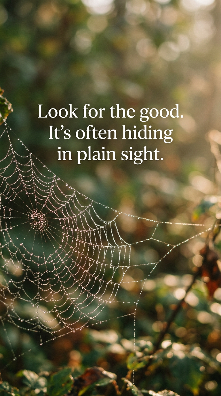 Dew drops sparkling on a spiderweb in morning light, symbolizing finding beauty in small things, with the quote 'Look for the good. It's often hiding in plain sight.'