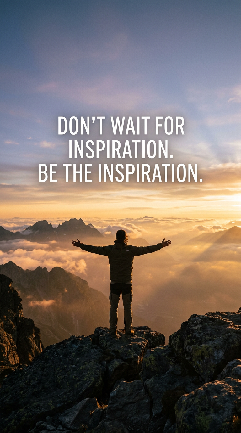 A person with outstretched arms on a mountain cliff, embodying inspiration, with the quote 'Don't wait for inspiration. Be the inspiration.'