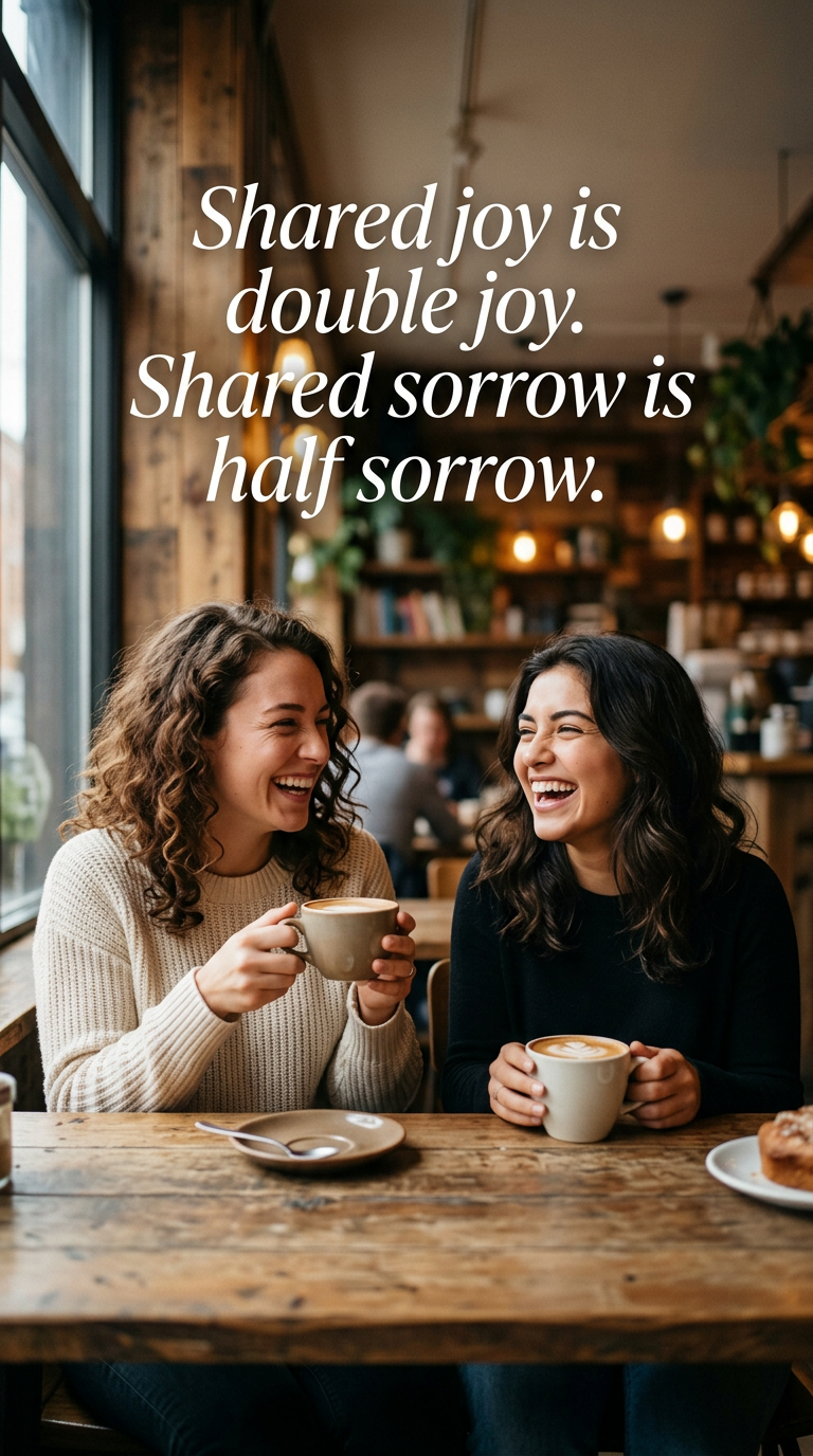 Two friends laughing together over coffee, depicting shared joy, with the quote 'Shared joy is double joy. Shared sorrow is half sorrow.'