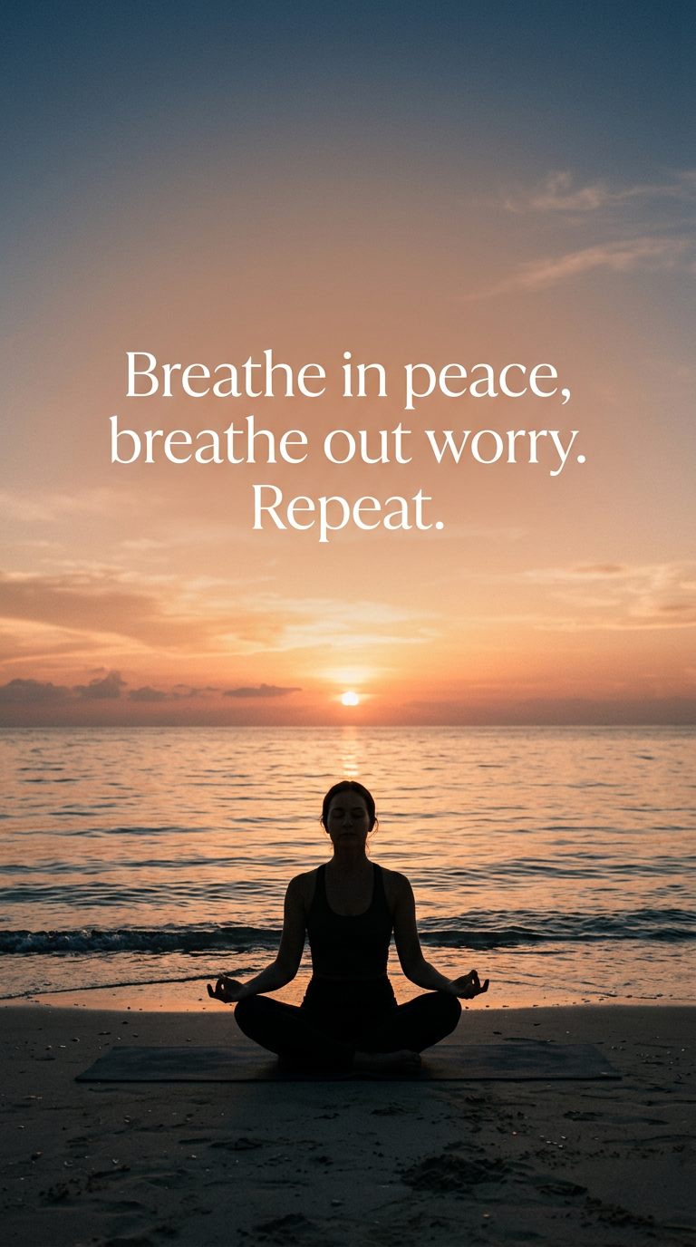 A person meditating by the ocean at sunset, conveying peace and mindfulness, with the quote 'Breathe in peace, breathe out worry. Repeat.'